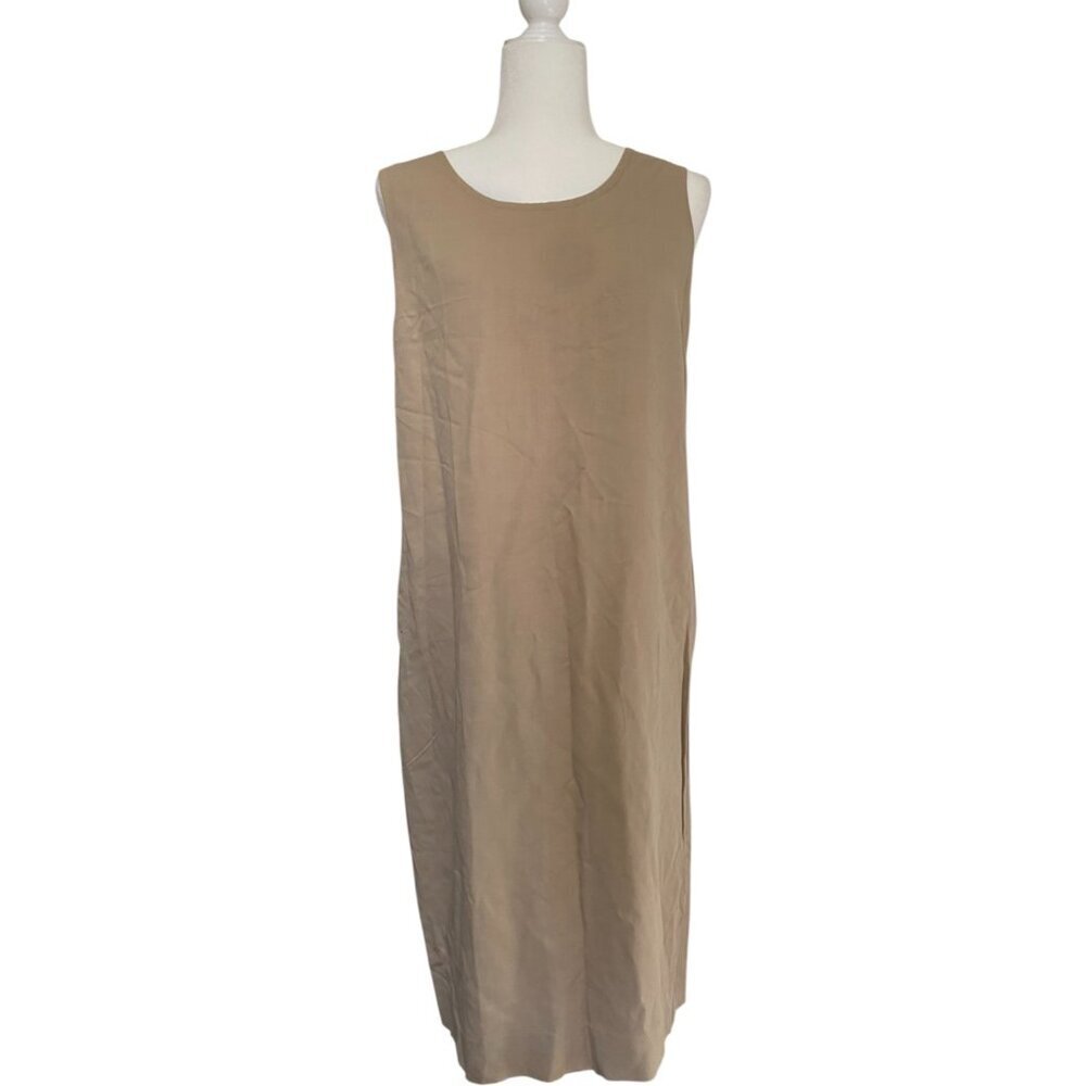 Vintage Liz Claiborne 90s Tan Lightweight Sleeveless Shift Midi Dress - Size 14
